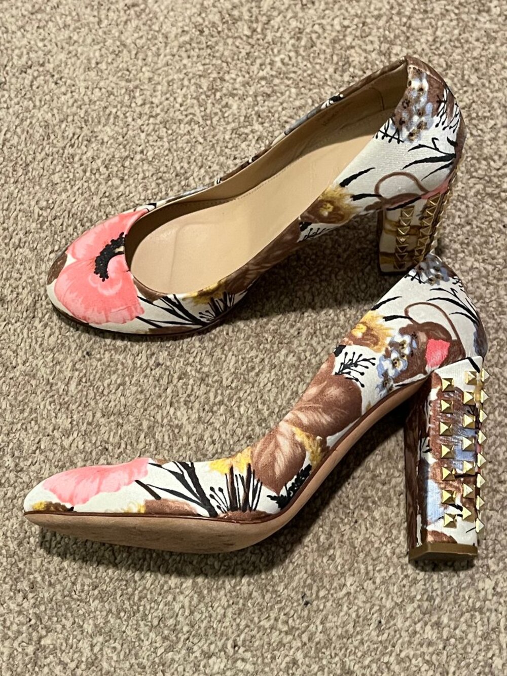 J. Crew Floral Pumps with Gold Studded Block Heels - Size 7.5